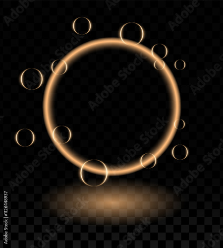 Orange neon magic ring effect. Glowing circular frame vibrant neon light, floating translucent orbs, soap bubbles, wallpaper, futuristic, tech-inspired, or decorative designs.