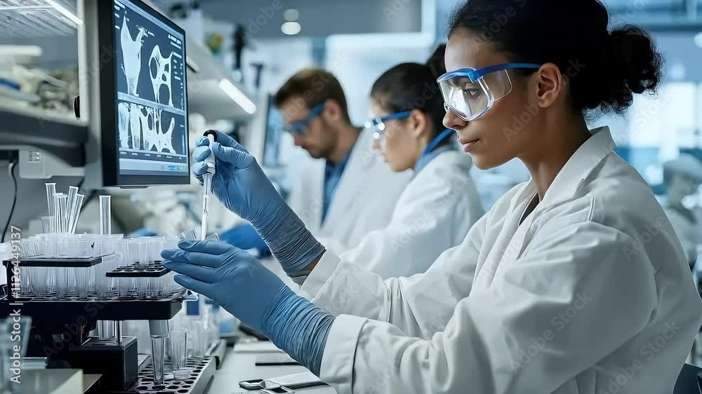 Scientists working in modern laboratory with advanced equipment and computer screens showing medical imaging analysis