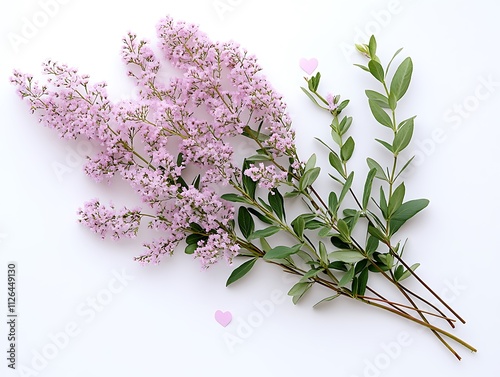 Delicate Floral Arrangement: A sprig of pink blossoms with green leaves, accented by tiny hearts, creates a beautiful and minimalist floral composition.  