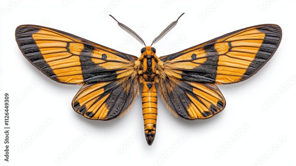 Obraz premium A photostock of a single moth with intricately detailed wings resting on a clean white background, emphasizing natural beauty. High Quality