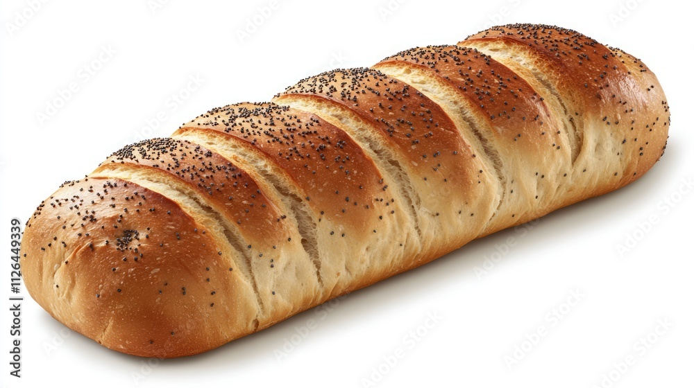 Rye bread baguette topped with sunflower and poppy seeds displayed on a clean white background for culinary and bakery themes. Rye bread baguette topped with sunflower and poppy seeds displayed on a clean white background for culinary and bakery themes.