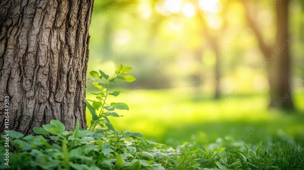 Fototapeta premium Springtime Serenity in Green Meadow with Soft Focus on Tree Trunk and Fresh Grass Symbolizing New Life in Nature