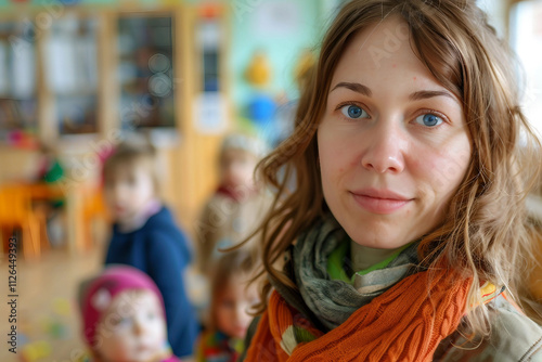 Generative AI Image of Nanny in Nursery Room Creating Warm Learning Environment for Children
