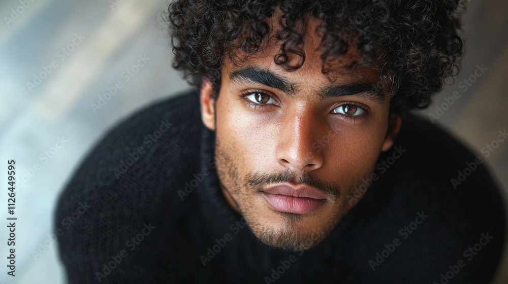 The man gazes directly at the viewer, exuding charm with his curly hair and striking features. His black attire complements the soft indoor lighting, enhancing his captivating presence