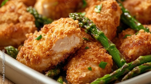 crispy fried chicken breast bites served with tender asparagus on a white platter garnished with fresh herbs photo