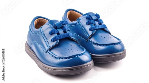 New pair of kids blue leather shoes displayed on white background suitable for children's footwear advertisement or fashion catalog