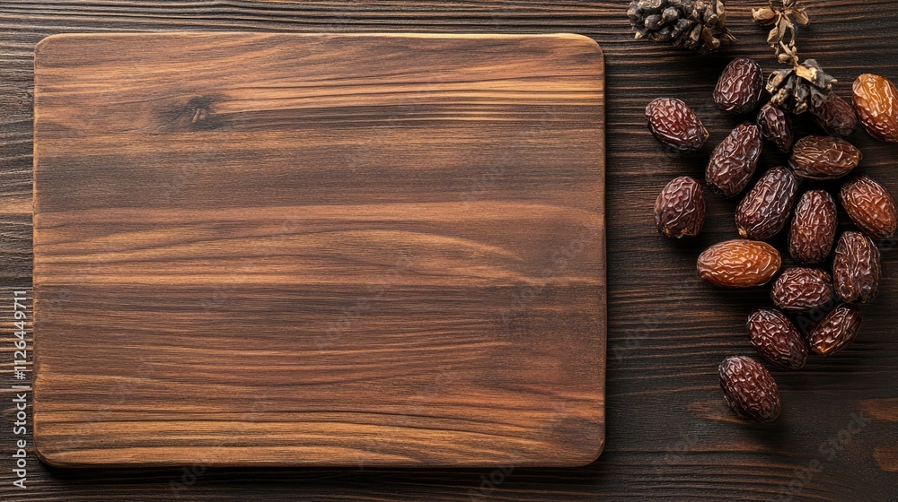 Wooden board with dates on a rustic background ideal for culinary presentations and branding opportunities in food marketing Wooden board with dates on a rustic background ideal for culinary presentations and branding opportunities in food marketing
