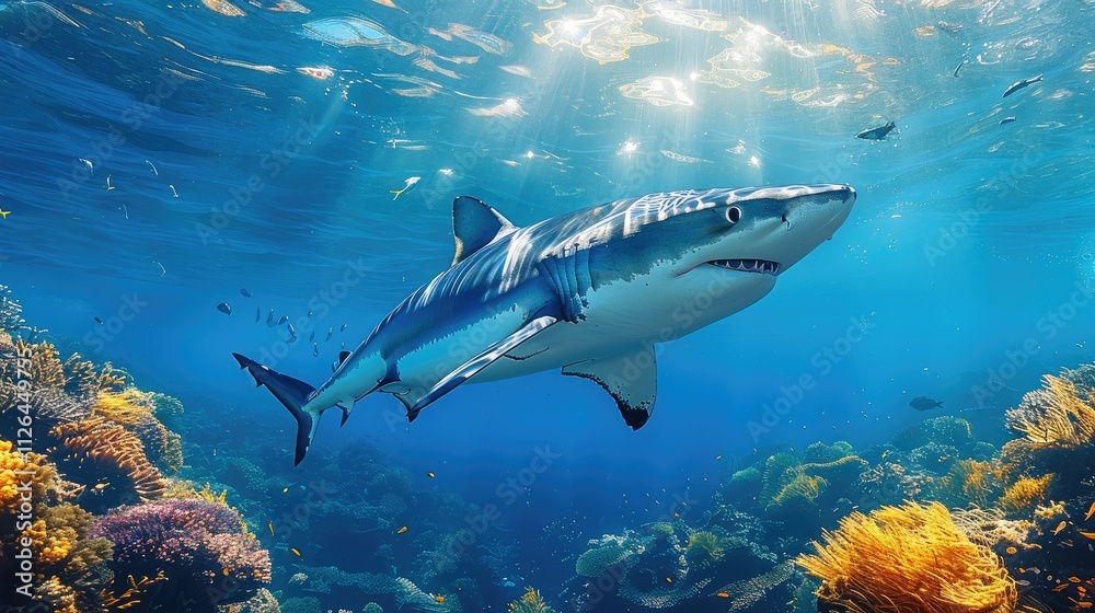The deep sea with a shark swimming in it. The deep sea with a shark swimming in it.