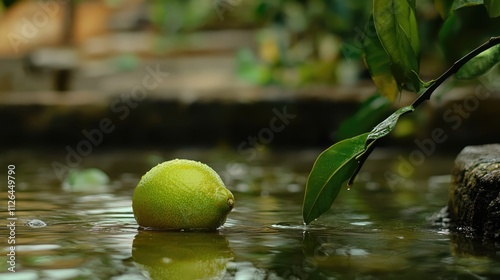 Green lemon fruit floating in serene water surrounded by lush greenery showcasing its natural beauty in Malaysia's tropical environment. photo