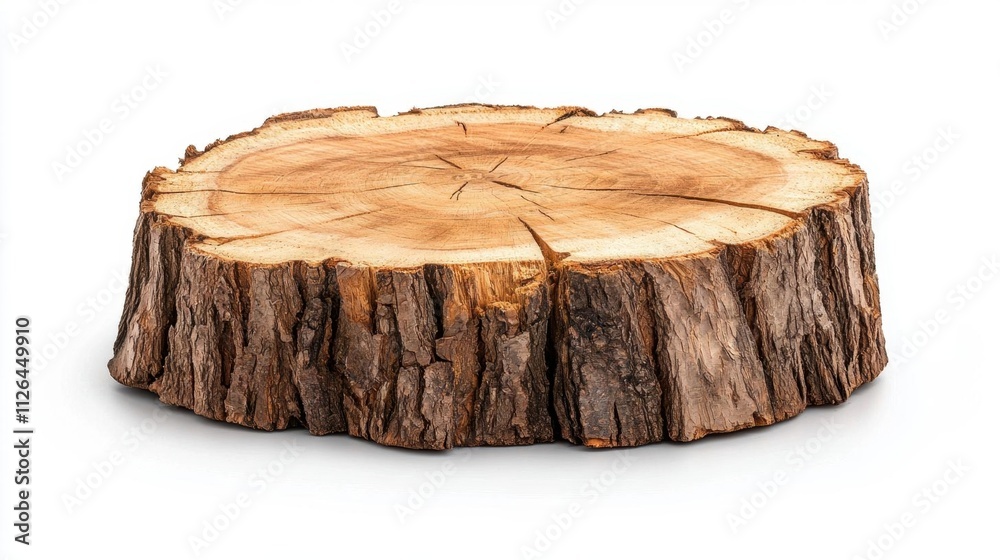 A photostock of a single tree stump with natural bark textures against a plain white background, perfect for forestry or environmental themes. High Quality A photostock of a single tree stump with natural bark textures against a plain white background, perfect for forestry or environmental themes. High Quality