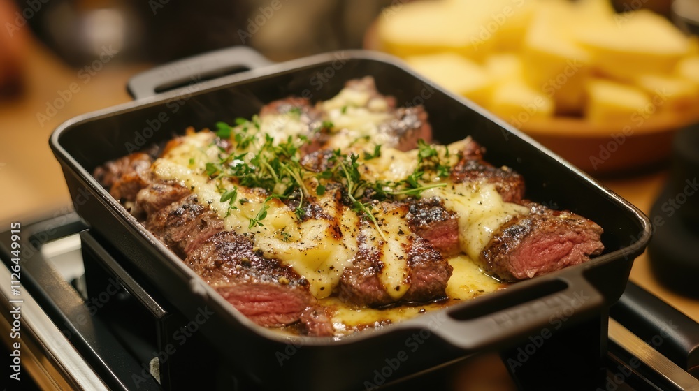 Grilled meat and melted cheese in a raclette pan served with potatoes and fresh herbs on a wooden table setting Grilled meat and melted cheese in a raclette pan served with potatoes and fresh herbs on a wooden table setting