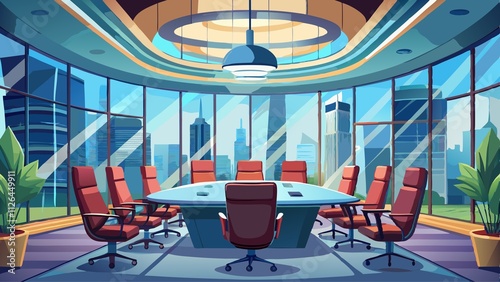 A large conference room with a large window and a potted plant