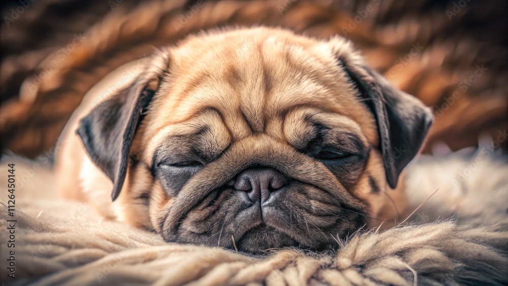 Adorable sleeping pug puppy close-up; its funny face is pure sleepy cuteness. Adorable sleeping pug puppy close-up; its funny face is pure sleepy cuteness.