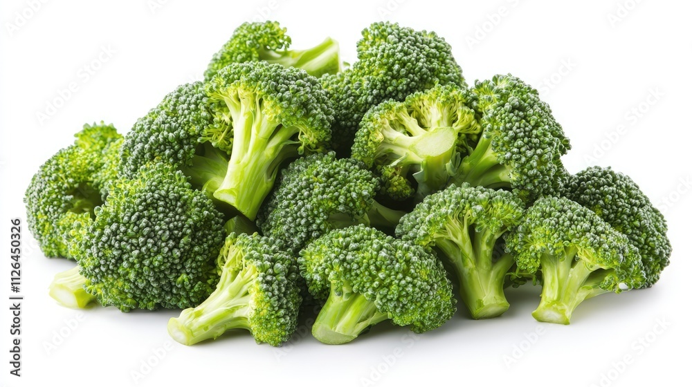 Fresh green broccoli florets arranged artfully on a clean white background showcasing vibrant healthy vegetables for culinary designs. Fresh green broccoli florets arranged artfully on a clean white background showcasing vibrant healthy vegetables for culinary designs.