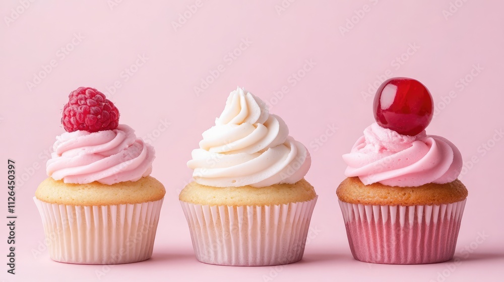 Colorful cupcakes with creamy frosting topped with raspberry and cherry, set against a soft pink background, enticing dessert, indulgent snacks, visually appealing, sweet treats. Colorful cupcakes with creamy frosting topped with raspberry and cherry, set against a soft pink background, enticing dessert, indulgent snacks, visually appealing, sweet treats.