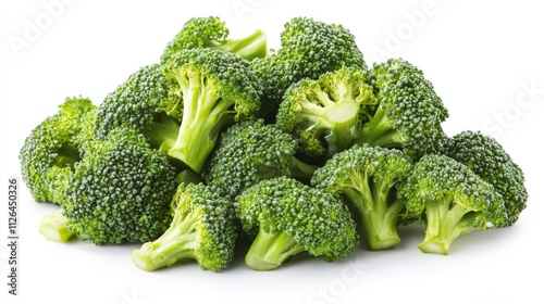 Fresh green broccoli florets arranged artfully on a clean white background showcasing vibrant healthy vegetables for culinary designs.