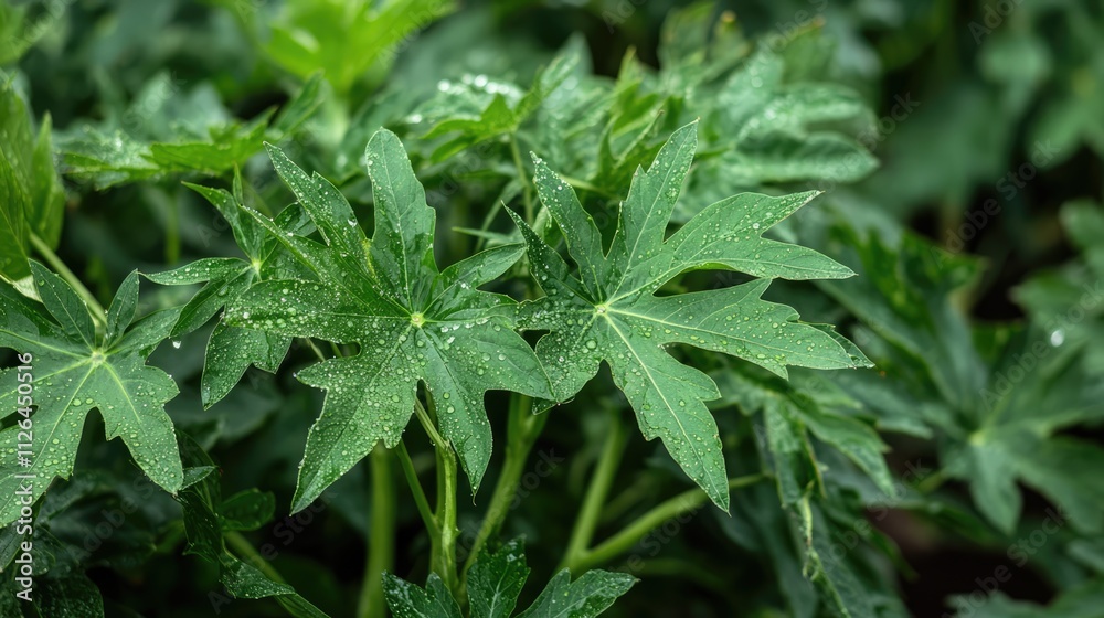 Lush green papaya leaves adorned with raindrops creating a fresh and vibrant natural scene in a tropical garden. Lush green papaya leaves adorned with raindrops creating a fresh and vibrant natural scene in a tropical garden.