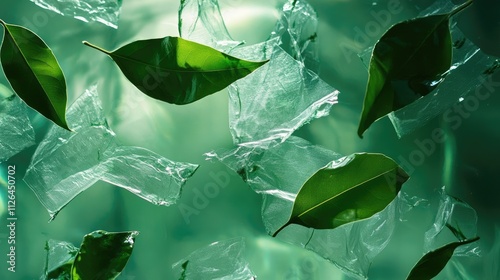 Environmental pollution concept featuring polyethylene film resembling leaves in a green backdrop symbolizing ecological disaster.