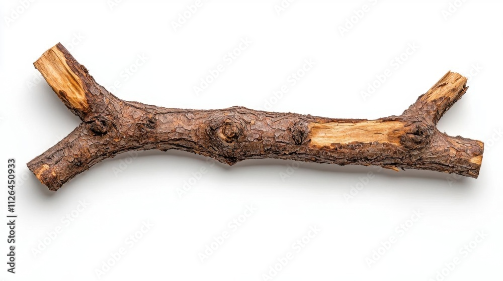 A photostock of a small wooden stick resting naturally on a white background, emphasizing its rough texture and simplicity. High Quality A photostock of a small wooden stick resting naturally on a white background, emphasizing its rough texture and simplicity. High Quality