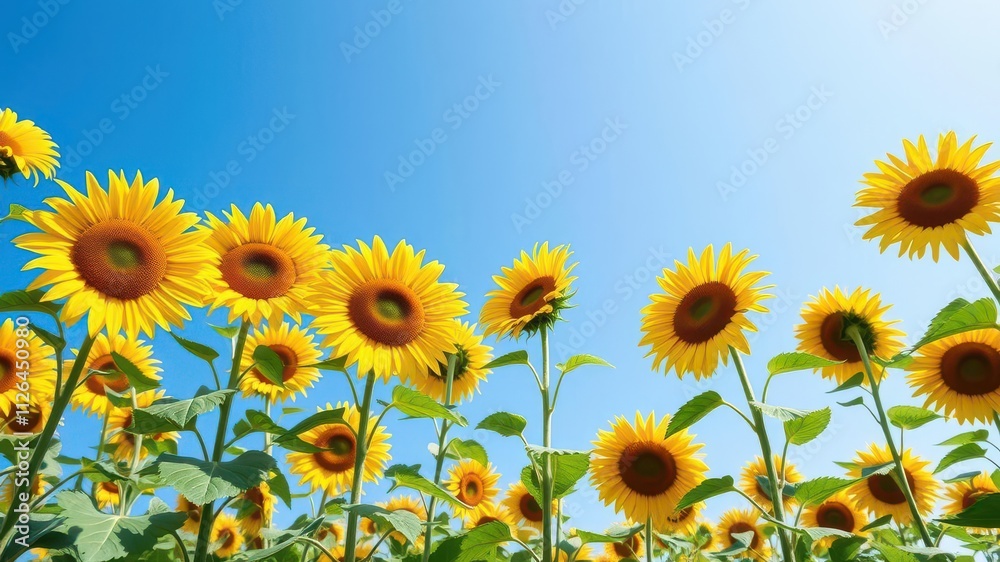 Obraz premium Vivid sunflower field reaching up to a clear blue sky, vibrant