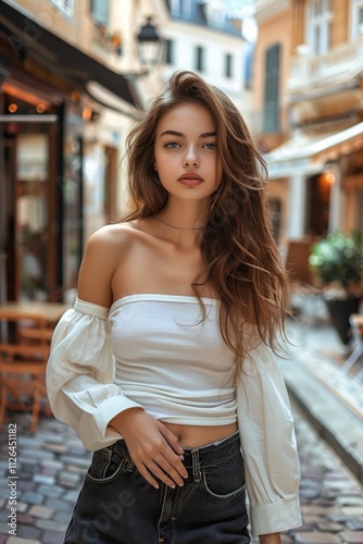 Beautiful woman standing on a charming street. She is casually dressed in fashionable attire, exuding a confident.
