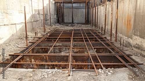 Iron scaffolding framework in construction site with exposed foundation and gravel surface ready for building development photo