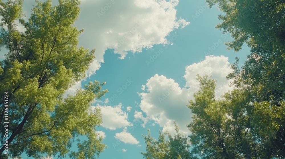 Fototapeta premium Lush green trees framed by a vibrant blue sky filled with fluffy clouds creating a serene natural atmosphere.