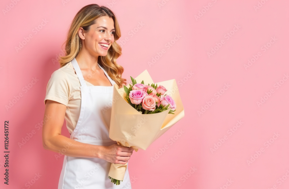 A woman florist in an apron holds a bouquet of flowers in her hands on a pink background with space for text. Happy worker at a florist studio.