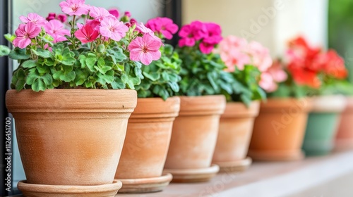 Colorful geraniums in terracotta pots arranged along a sunny nursery windowsill, showcasing vibrant blooms in shades of pink and red, gardening, horticulture, nursery plants, floral displays.