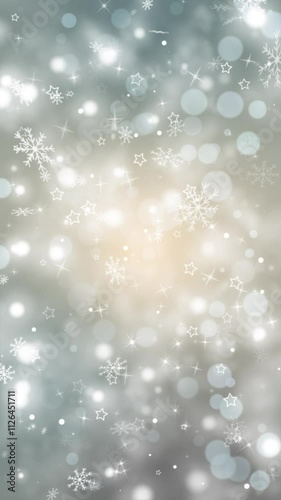 Silver Winter Background Loop Vertical. Shades of silver winter background with white snowflakes, particles and stars, 10 seconds loop motion graphics, vertical resolution.
