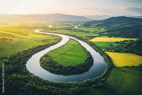 Aerial view of winding river in lush green natural landscape photo