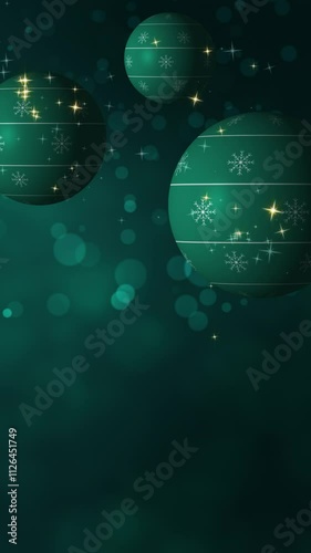 Green Ornaments Vertical Loop. Green background with Christmas ornaments and glitter, loop motion, vertical resolution.
