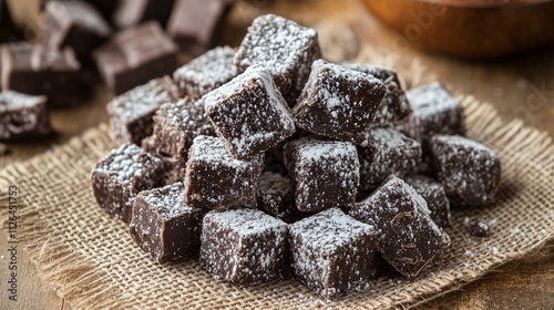 Close up of chocolate-covered Puppy Chow pieces dusted with powdered sugar, set on a rustic burlap cloth photo