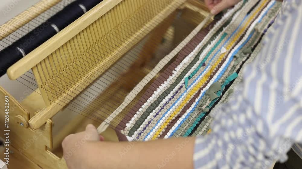 A close-up view of a weaving loom in action, crafting upcycled fabric from textile scraps and remnants. Sustainable fashion, zero waste, recycling, and conscious consumption in the textile industry. A close-up view of a weaving loom in action, crafting upcycled fabric from textile scraps and remnants. Sustainable fashion, zero waste, recycling, and conscious consumption in the textile industry.