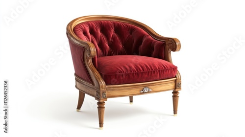 Elegant vintage wooden chair featuring a luxurious red velvet cushion on a clean white background photo