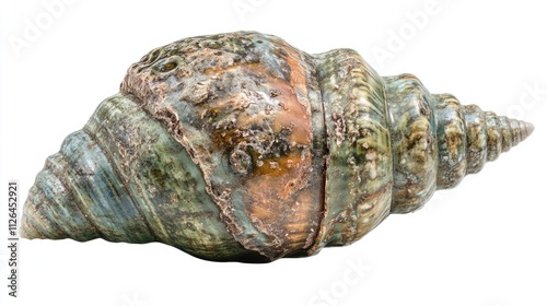 Empty green and brown whelk mollusc shell isolated on a white background showcasing natural textures and colors.