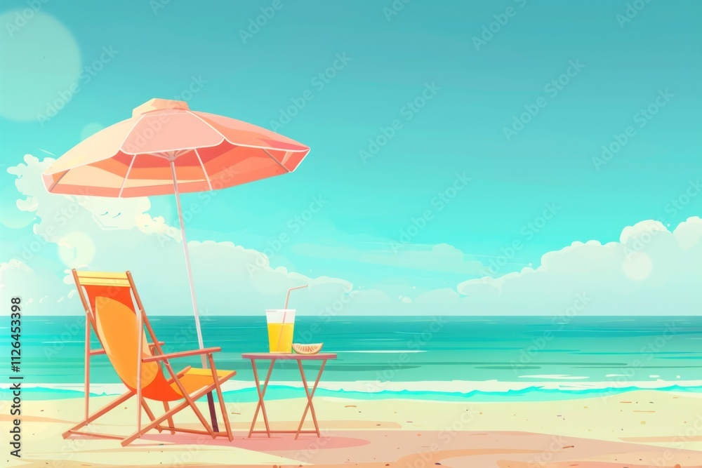 A chair and an umbrella provide shade on the sandy beach, with the azure sky reflecting in the crystal clear water of the oceanic coastal landforms A chair and an umbrella provide shade on the sandy beach, with the azure sky reflecting in the crystal clear water of the oceanic coastal landforms
