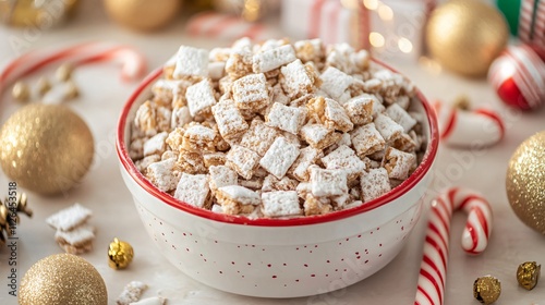 Festive Puppy Chow snack displayed in a holiday-themed dish, surrounded by candy canes and golden ornaments photo