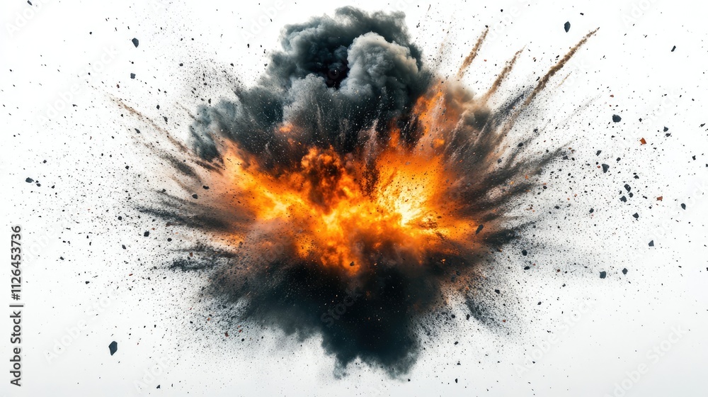 Vivid explosion of fire and smoke creating dynamic visual impact on a clean white background for dramatic effect and artistic background use Vivid explosion of fire and smoke creating dynamic visual impact on a clean white background for dramatic effect and artistic background use