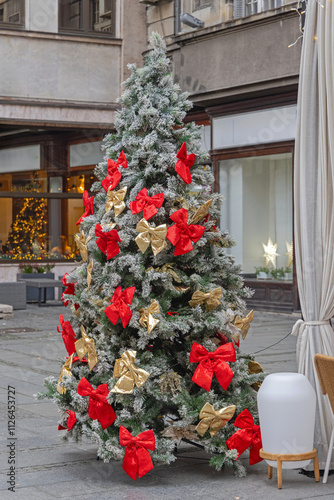 Large Christmas Tree at City Street Winter Festive Decoration