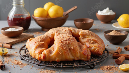  Lemon cinnamon croissant on a cooling rack with rustic ingredients photo