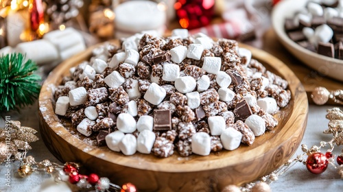 Festive Puppy Chow snack served on a wooden platter with mini marshmallows, chocolate pieces, and decorative garland photo