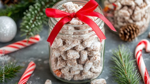 Holiday Puppy Chow snack in a mason jar tied with a red ribbon, surrounded by pine branches and candy canes photo