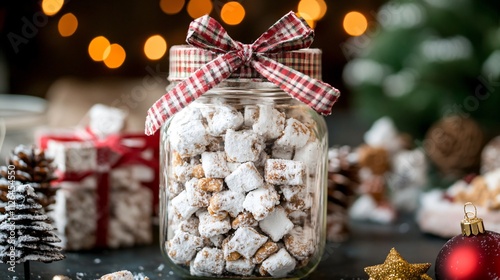 Holiday Puppy Chow snack served in a mason jar with a plaid ribbon, surrounded by rustic holiday decor elements photo