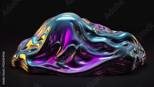 Isolated, bold holographic liquid blob shape. Melted material that is iridescent and wavy against a dark backdrop photo