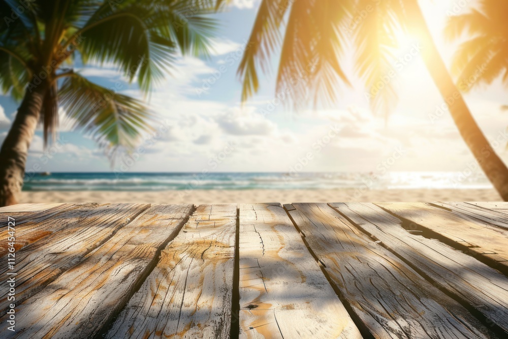 Empty wooden tabletop with bokeh lights on blurred beach and sea Empty wooden tabletop with bokeh lights on blurred beach and sea