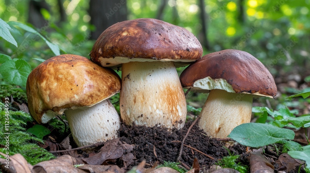 Mushrooms growing in a lush shady forest during summer showcasing nature's beauty and biodiversity in a tranquil setting