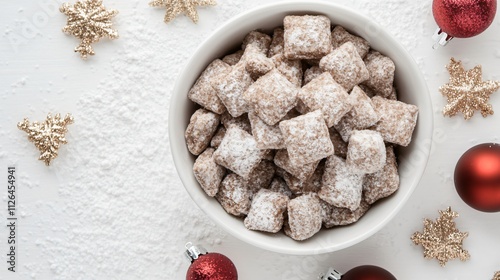 Isolated bowl of Puppy Chow snack on a snowy white background, with decorative holiday ornaments scattered around photo