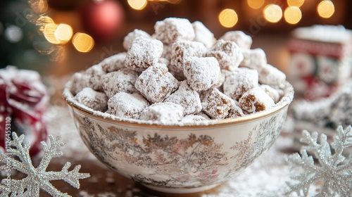 Powdered sugar-coated Puppy Chow snack in a vintage Christmas-themed bowl, surrounded by decorative snowflakes photo