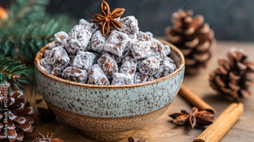 Puppy Chow holiday snack served in a rustic ceramic bowl, surrounded by pinecones, cinnamon sticks, and star anise Puppy Chow holiday snack served in a rustic ceramic bowl, surrounded by pinecones, cinnamon sticks, and star anise